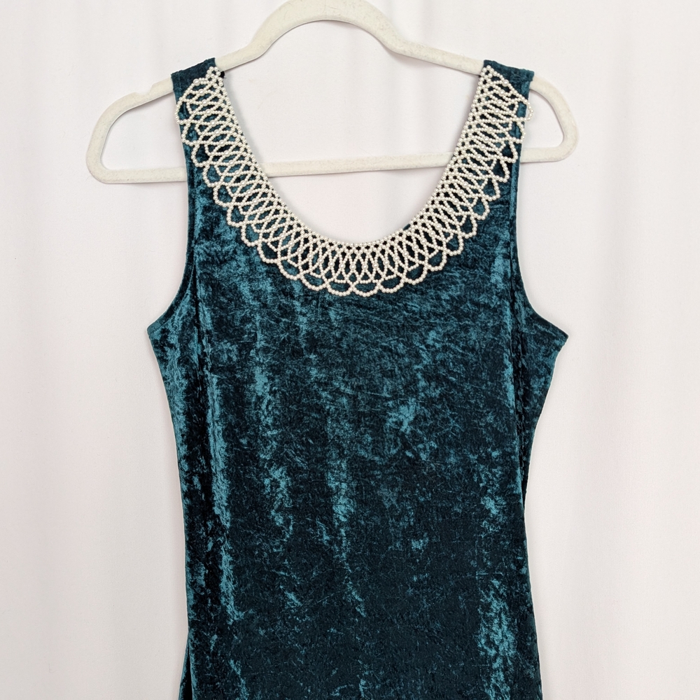 All that Jazz Teal Velvet Maxi Dress with Crochet Collar - Picture 3 of 9